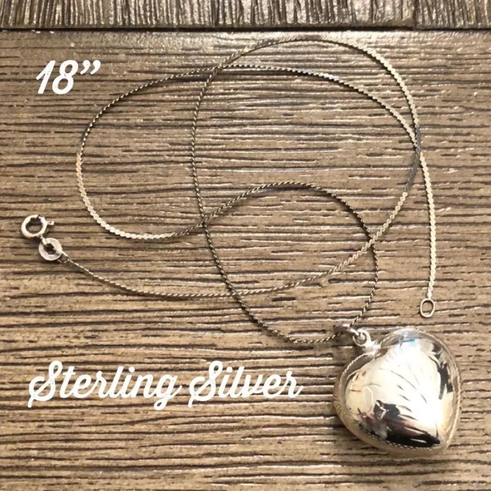 Sterling Silver Etched Puffy Heart Charm Chain 18”